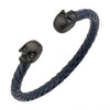 Load image into Gallery viewer, Blue Leather with Black Plated Skull Cuff Bracelet