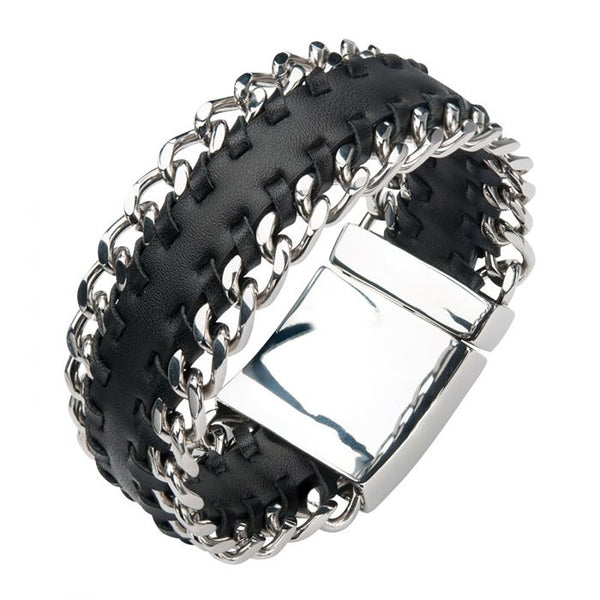 Black Leather with Steel Curb Chain Both Sides Bracelet