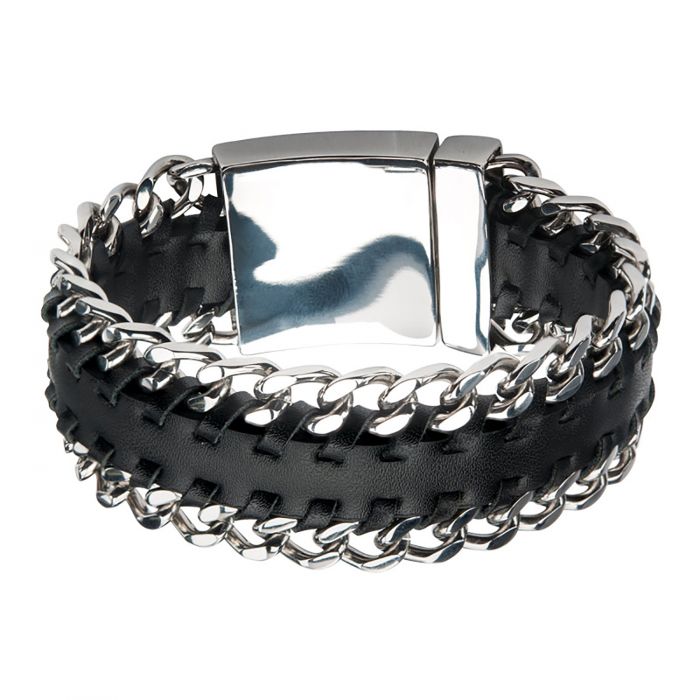Black Leather with Steel Curb Chain Both Sides Bracelet