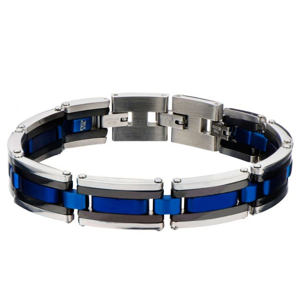 Black, Blue Plated & Steel Links Bracelet