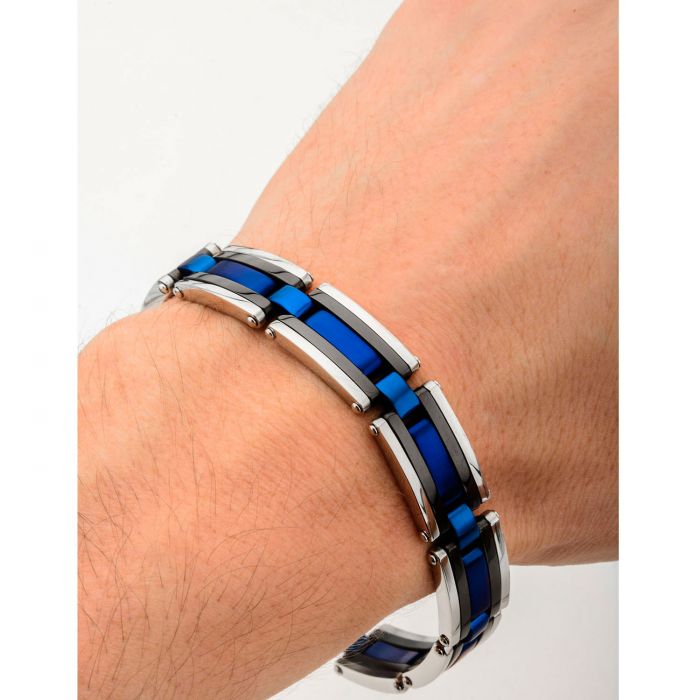 Black, Blue Plated & Steel Links Bracelet