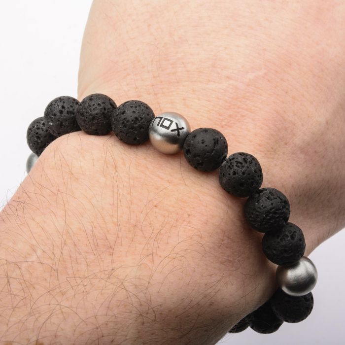 Lava Satin Beads Matte Steel Bracelet