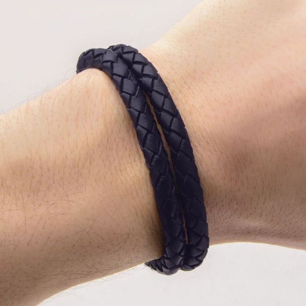 Double Dark Navy Blue Leather & Steel Bracelet