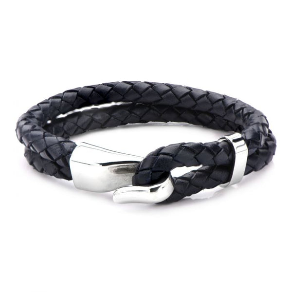 Double Dark Navy Blue Leather & Steel Bracelet