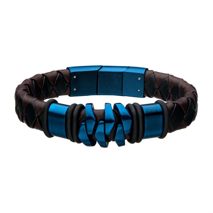 Steel and Blue Plated Brown Leather Bohemian Bracelet