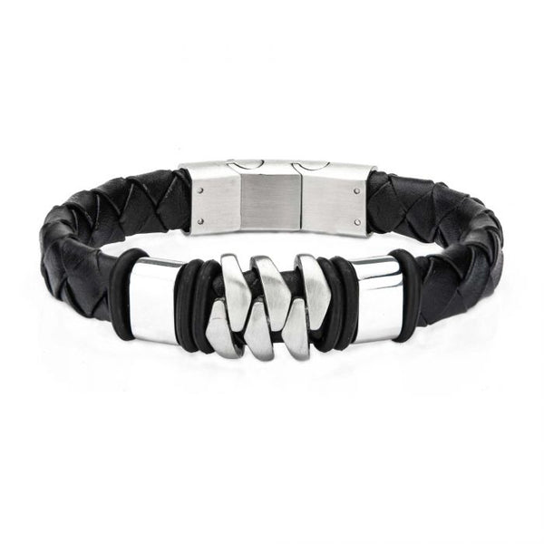 Stainless Steel and Matte Black Leather Bohemian Bracelet