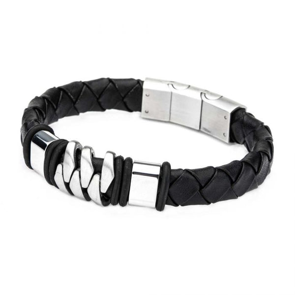Stainless Steel and Matte Black Leather Bohemian Bracelet
