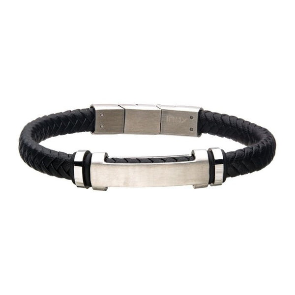 Black Leather with Stainless Steel Beads & Engravable ID Bracelet