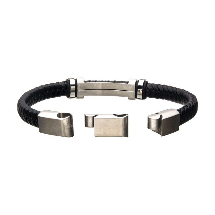 Black Leather with Stainless Steel Beads & Engravable ID Bracelet