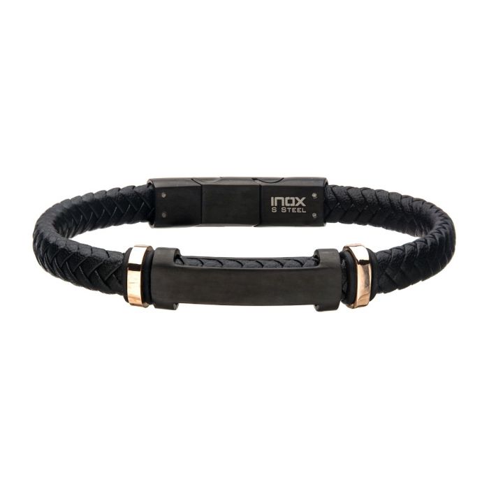 Black Leather with Stainless Steel Beads & Engravable ID Bracelet