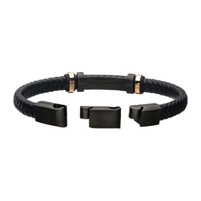 Black Leather with Stainless Steel Beads & Engravable ID Bracelet