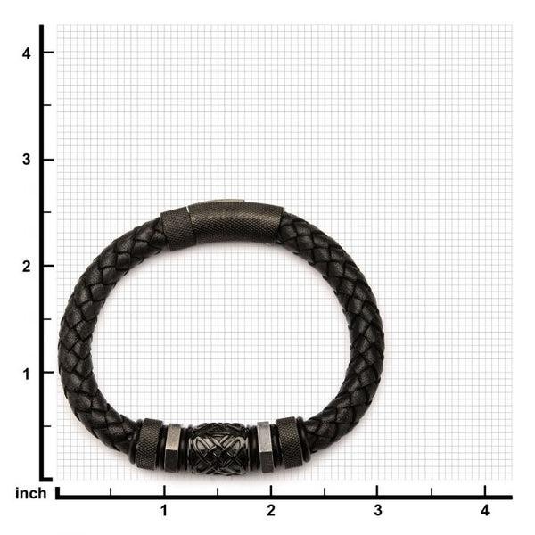 Black Braided Leather with Steel Black Plated Beads Bracelet