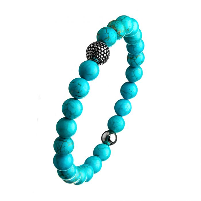 Blue Turquoise Stone Bracelet, Steel Ornamental Bead. Stretch