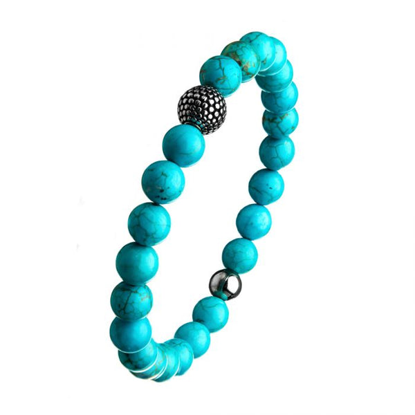 Blue Turquoise Stone Bracelet, Steel Ornamental Bead. Stretch