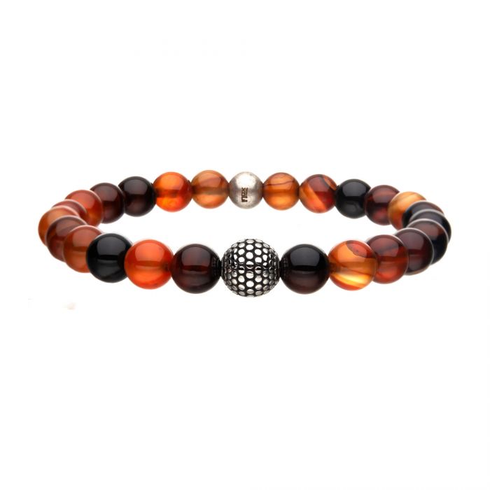 Natural Variation Red Agate Stone Bracelet, Steel Ornamental Bead. Stretch