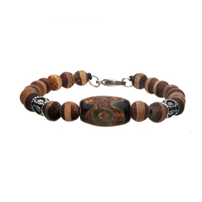 Dzi Tibetan Bead, with Frost Stripe Brown Agate Stone and Steel Amulet Ornaments Bracelet with Steel Lobster Clasp.