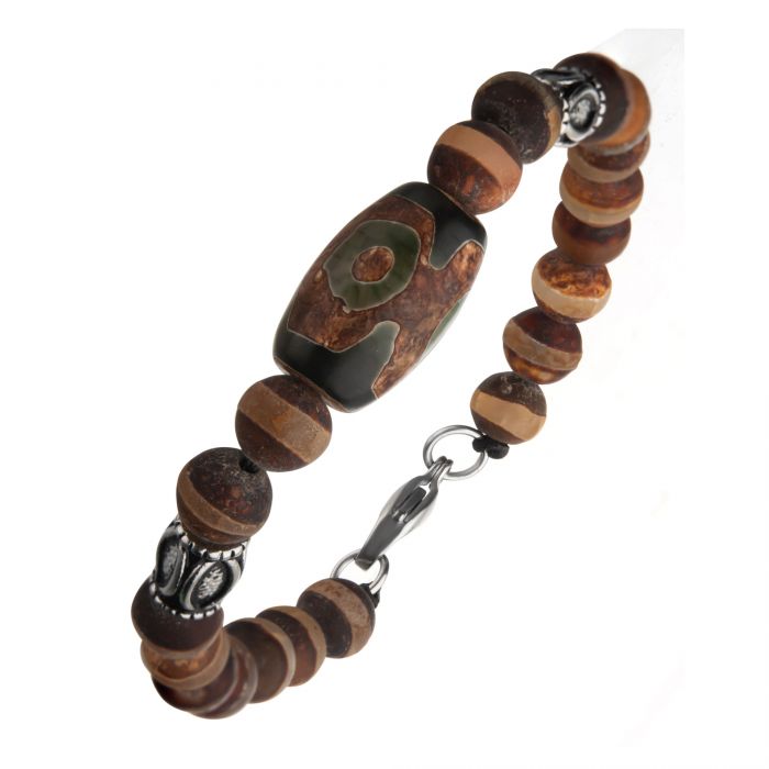 Dzi Tibetan Bead, with Frost Stripe Brown Agate Stone and Steel Amulet Ornaments Bracelet with Steel Lobster Clasp.