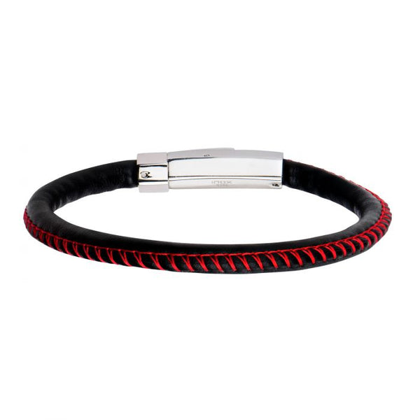 Black Woven Leather Band and Red Stitch Bracelet