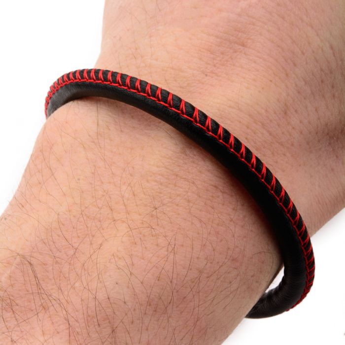 Black Woven Leather Band and Red Stitch Bracelet
