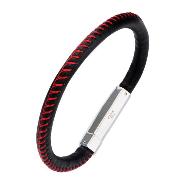 Black Woven Leather Band and Red Stitch Bracelet