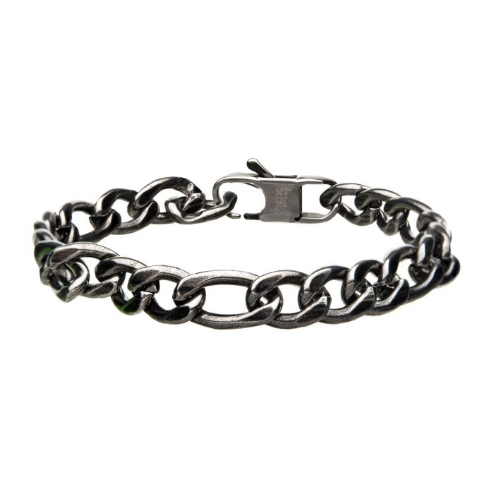 Stainless Steel with Antiqued Finish Figaro Link and Chain Bracelet