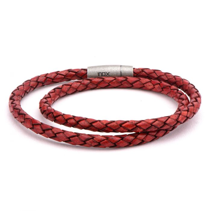 Double Round Red Braided  Italian Antique leather Bracelet