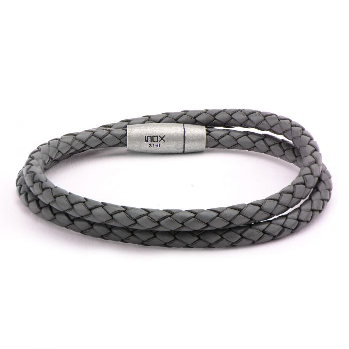 Double Round Gray Braided Italian Antique Leather Bracelet