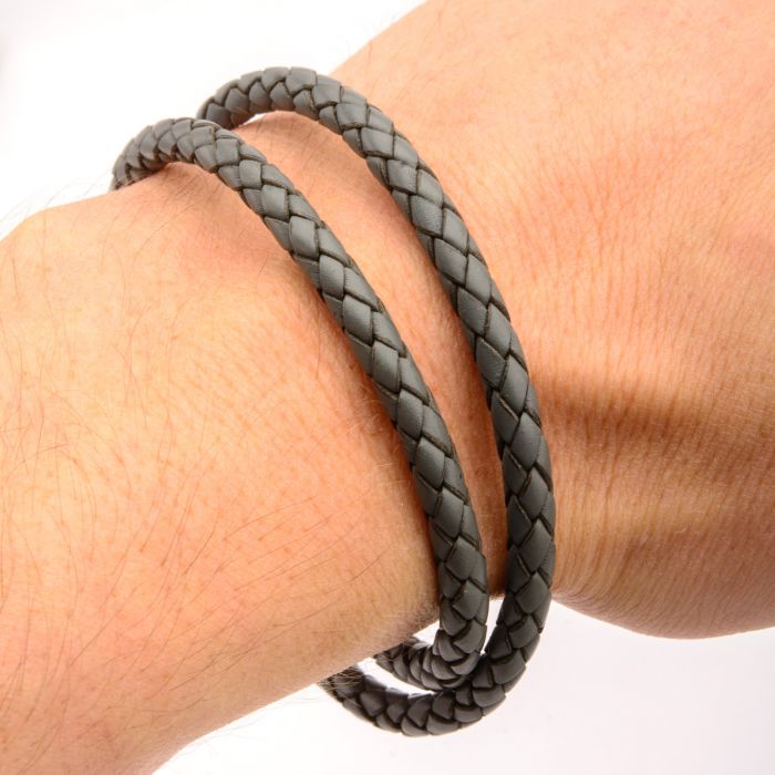 Double Round Gray Braided Italian Antique Leather Bracelet
