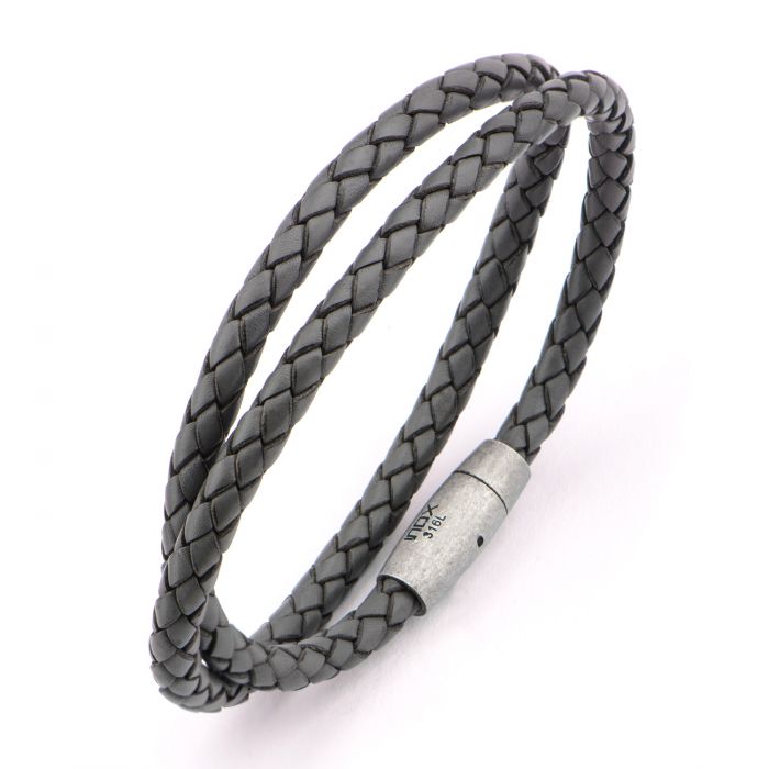 Double Round Gray Braided Italian Antique Leather Bracelet