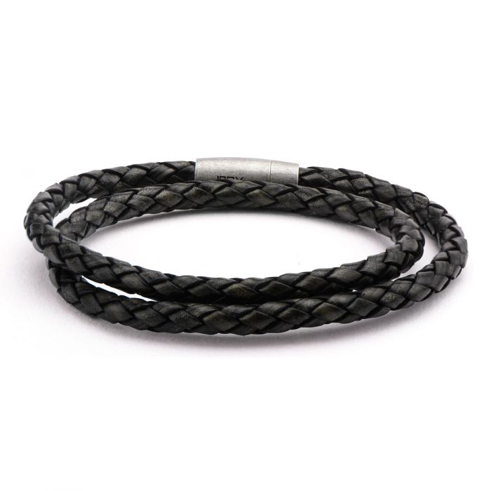 Double Round Black Braided Italian Antique Leather Bracelet