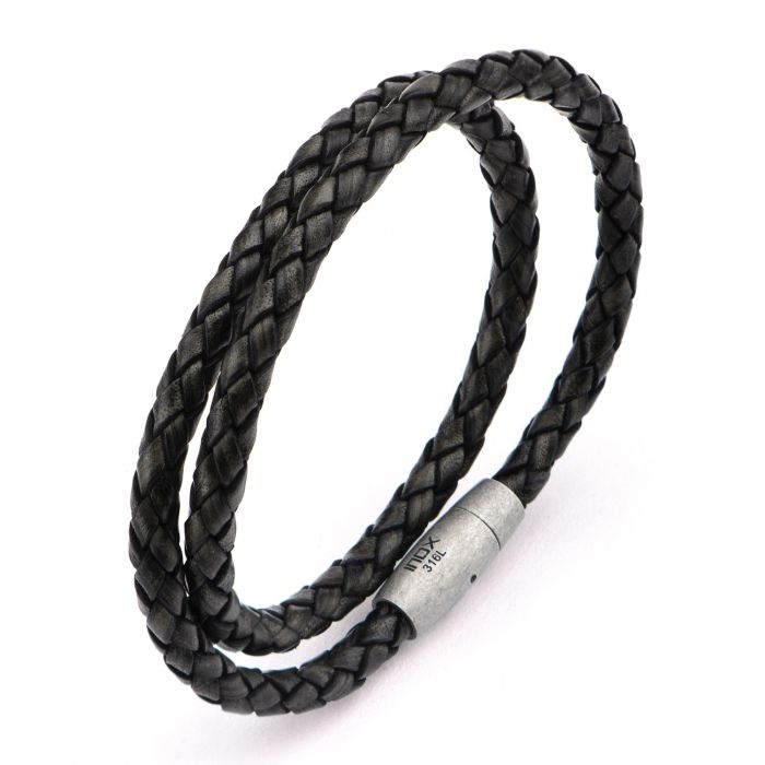 Double Round Black Braided Italian Antique Leather Bracelet