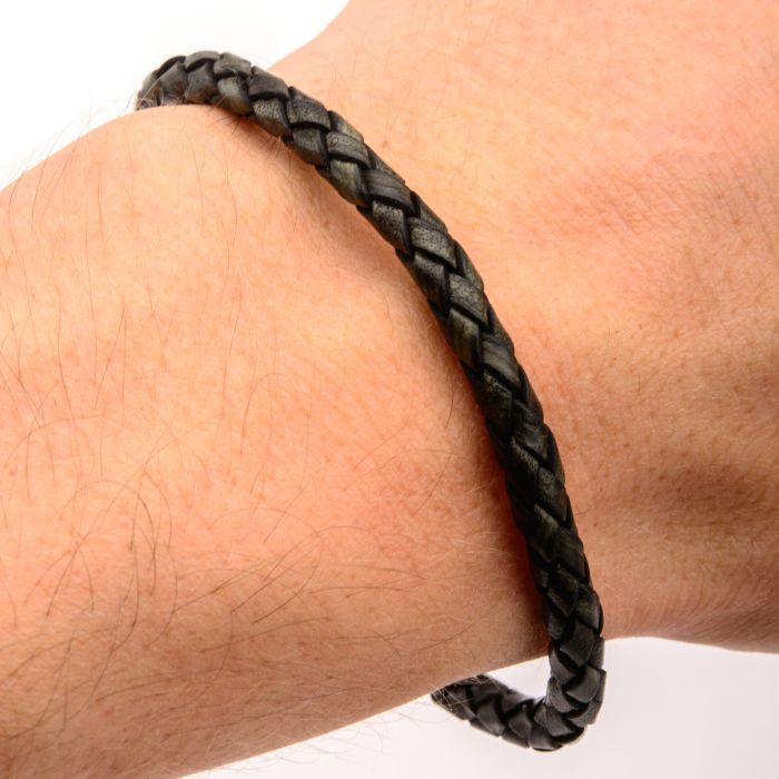 Single Round Black Braided Italian Antique Leather Bracelet