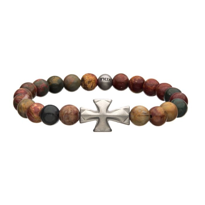 8mm Piccaso Jasper Stone with Cross Silicone Bracelet