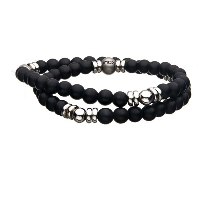 Double Wrap 6mm Matte Onyx and Steel Bead Bracelet