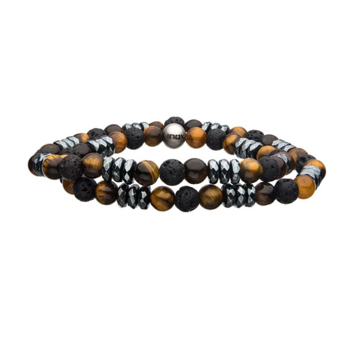 Double Wrap 6mm Lava, TigerEye and Hematite Stones Bracelet