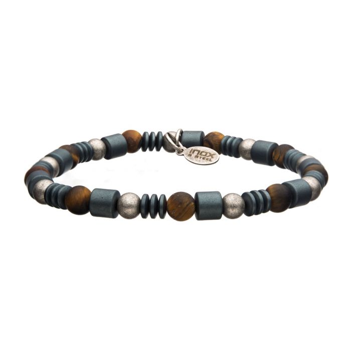 6mm TigerEye Beads with Hematite Beads String Bracelet