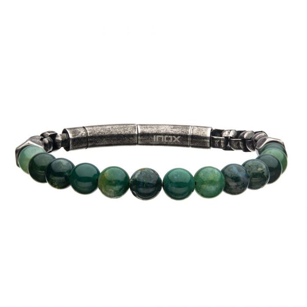 8mm Moss Agate Beads and Box Chain Bracelet