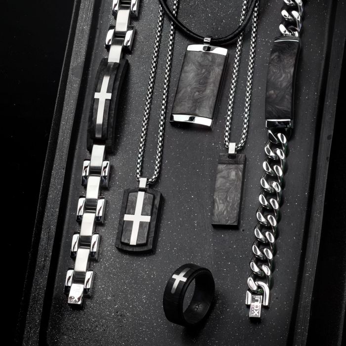 Solid Carbon Graphite and Stainless Steel ID Chain Bracelet