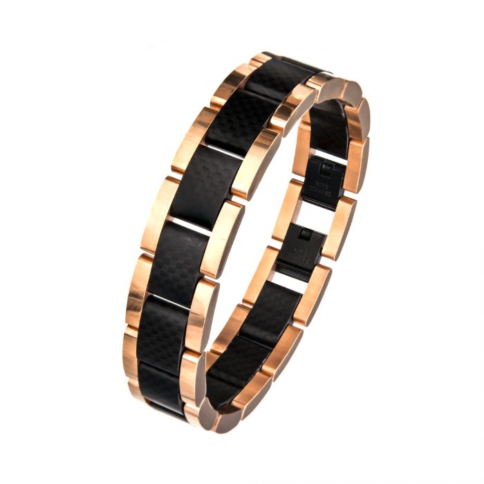 Black and Rose Gold Plated with Carbon Fiber Link Bracelet