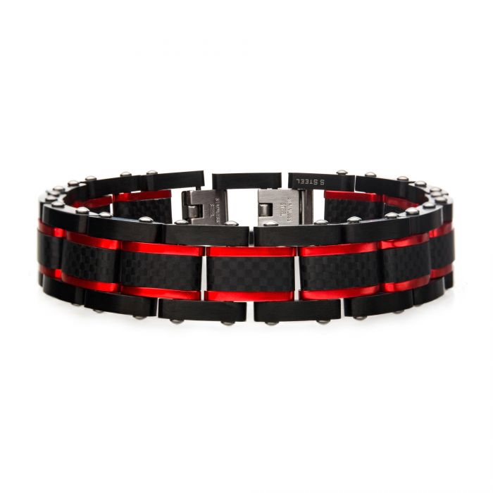 Dante  Black and Red Steel Matte  Carbon Fiber and Link Sizeable Bracelet