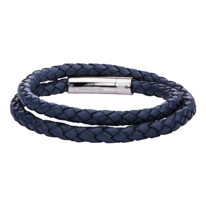 Double Round Blue Braided Genuine Leather Bracelet