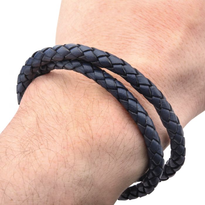 Double Round Blue Braided Genuine Leather Bracelet