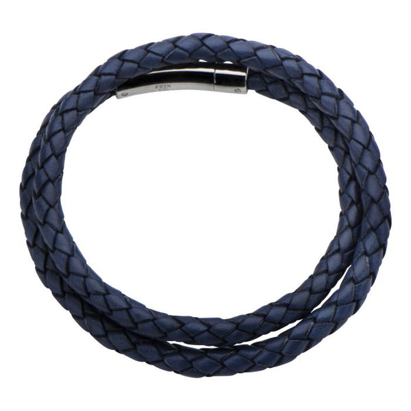 Double Round Blue Braided Genuine Leather Bracelet