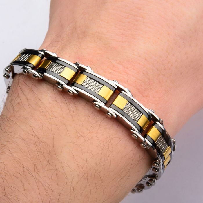 Double Sided Black Plated with Gold Plated & Steel Mesh Reversible Bracelet