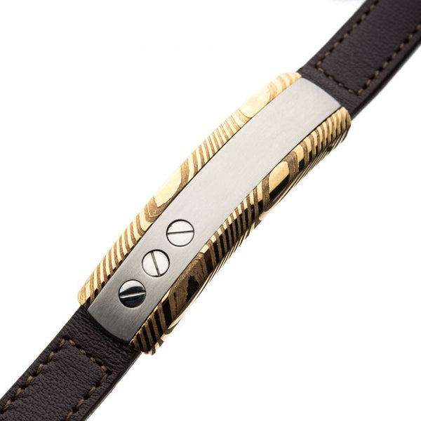 Damascus Steel Gold Plated ID and Head Screw with Brown Leather Bracelet