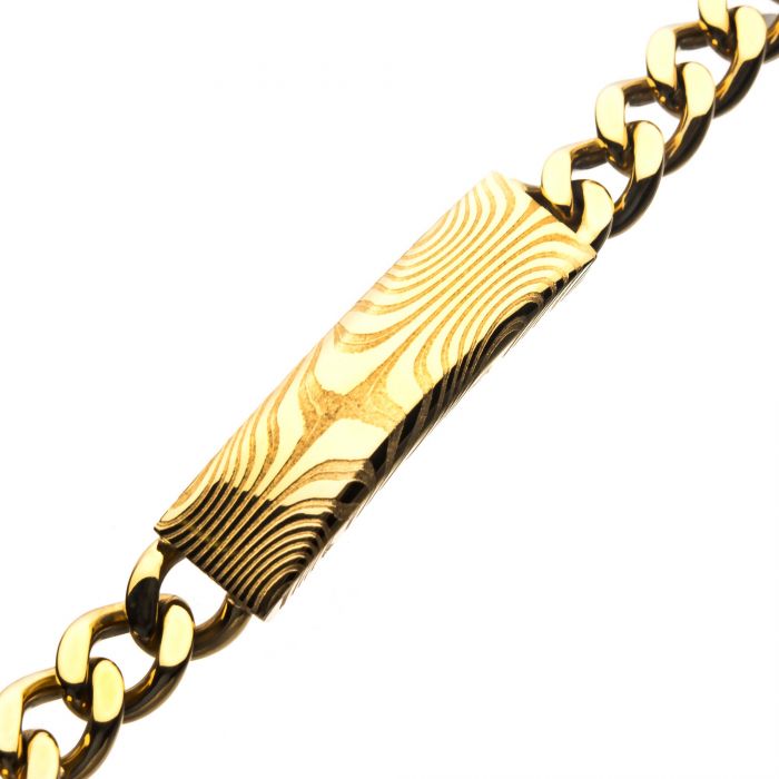 Damascus Steel Gold Plated ID with Curb Chain Bracelet