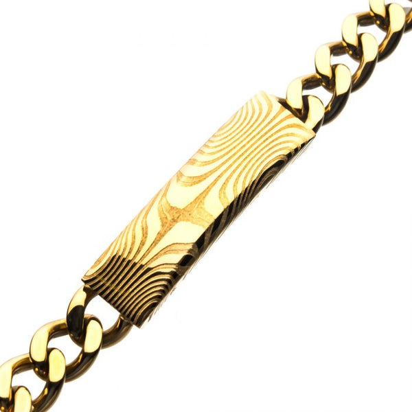 Damascus Steel Gold Plated ID with Curb Chain Bracelet