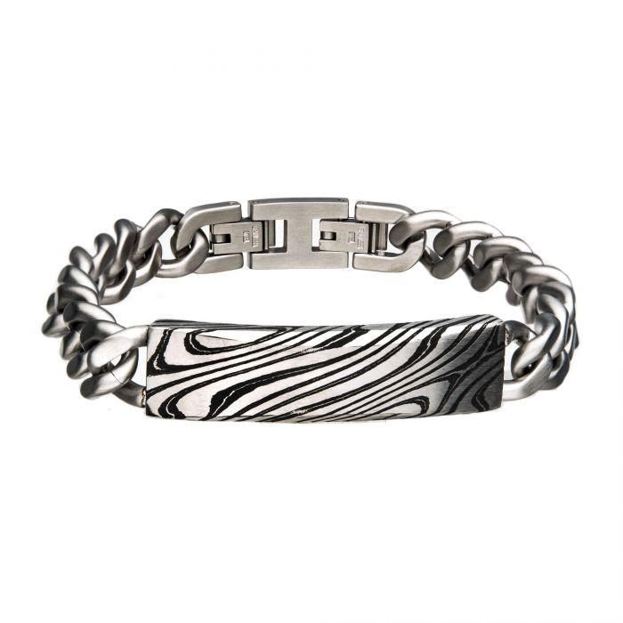 Damascus Steel Black Plated ID with Steel Curb Chain Bracelet