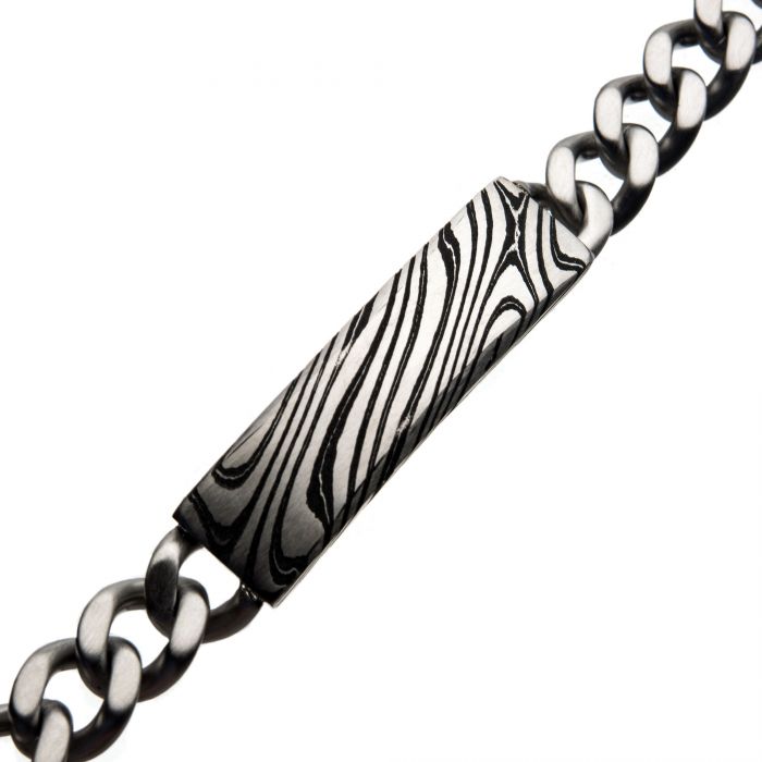 Damascus Steel Black Plated ID with Steel Curb Chain Bracelet