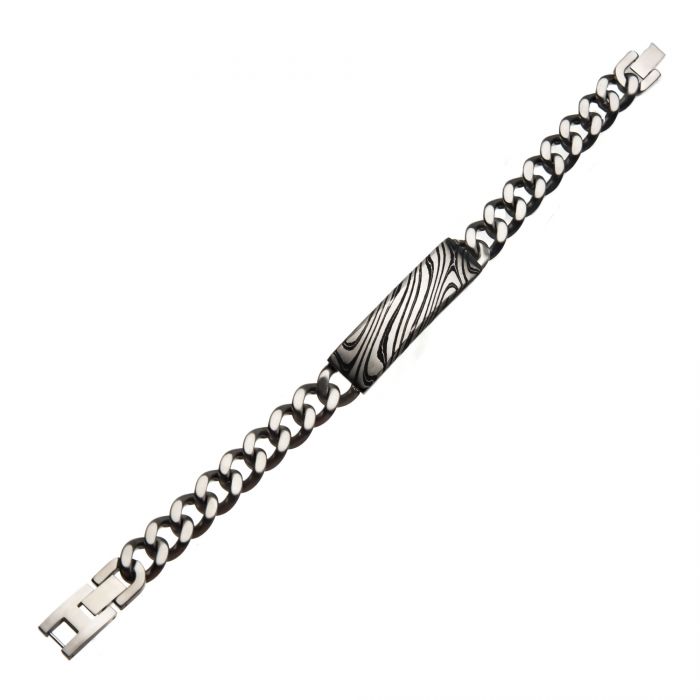 Damascus Steel Black Plated ID with Steel Curb Chain Bracelet